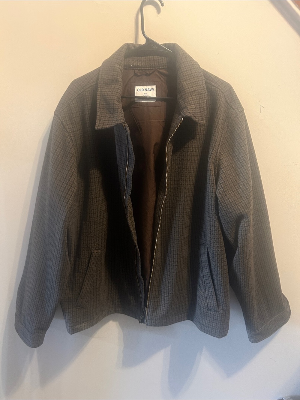 Old Navy Men's Brown and Gray Checked Lightweight Zip Jacket